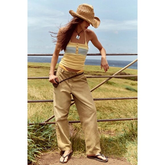 FREE PEOPLE Cleo Washed Chino Straight Leg Cotton Pants Women's Size 2 Khaki - Picture 1 of 16